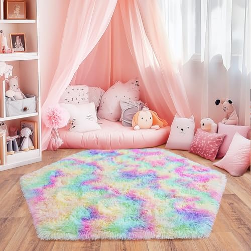 Quntue Regenbogen-sechseckiger Teppich für Prinzessinnenzelt, ultraweich, flauschig, sechseckiger Teppich für Schlafzimmer, niedlicher Zottelteppich für Mädchenzimmer, flauschiger Plüschteppich für von Quntue
