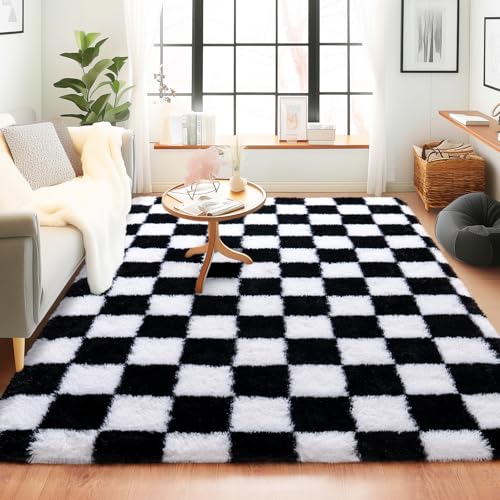Quntue Schwarz-weiß karierter Teppich für Schlafzimmer, ultraflauschig, flauschig, Zottelteppich für Wohnzimmer, 12,7 x 17,8 cm, moderner Plüsch, weich, verbessert, rutschfester Teppich für Kinder Quntue Schwarz-weiß karierter Teppich für Schlafzimmer, ultraflauschig, flauschig, Zottelteppich für Wohnzimmer, 12,7 x 17,8 cm, moderner Plüsch, weich, verbessert, rutschfester Teppich für Kinder von Quntue