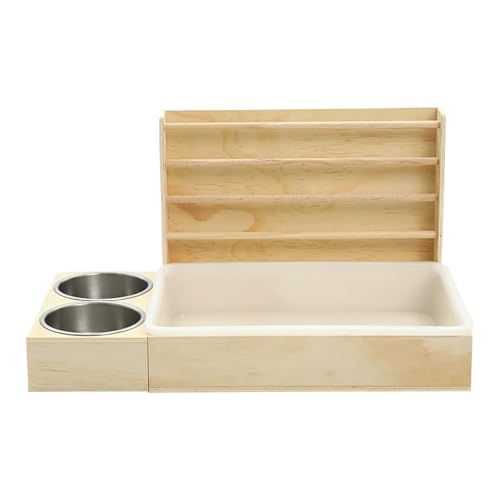 Quorvex Kaninchen Futterraufe - Holz Heufutterautomat Mit 2 Schalen Und Toilette,Futterspender Gegen Verschwendung Näpfe Futter Gras Lebensraum Gehege Stall Für Kaninchen Chinchilla Hamster Kleintiere von Quorvex