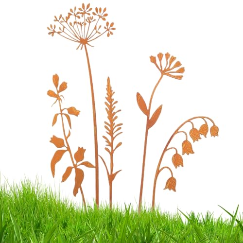 Quorvex Metallblumen für den Außenbereich - Rustikale Gartendeko Stäbe 5er Set,Wohnaccessoire Für Innen- Und Außenbereich Tisch Boden Terrasse Wohnzimmer Hof von Quorvex