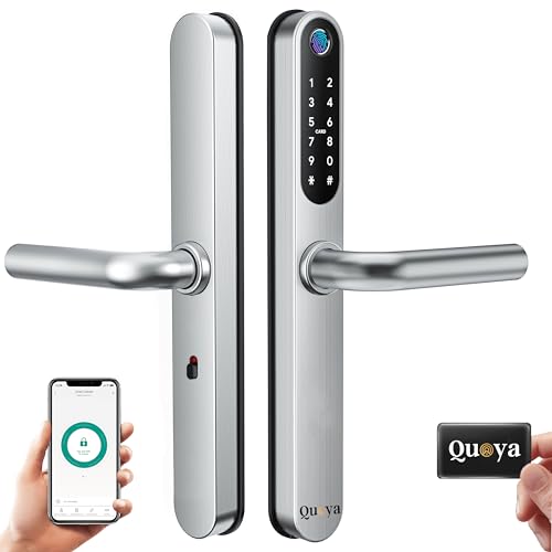 QUOYA D1 Smart Türschloss, 75° Max Drehwinkel, IP55 Wasserdicht, Entriegelungsmethode (Fingerabdruck, RFID-Tastenkarte, Pin/Passcode, App, Mechanischer Schlüssel) (Silver) von Quoya