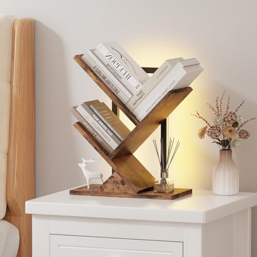 Qupui Bücherregal mit LED-Lichtern, 3 Etagen, bodenstehendes Bücherregal, klassisches Eckregal, Kinder-Bücherregal, hohe Holzbuchaufbewahrung für Schlafzimmer, Wohnzimmer, Heimbüro, Braun von Qupui