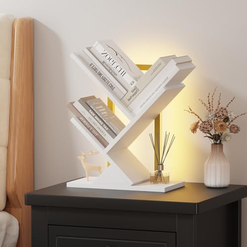 Qupui Bücherregal mit LED-Lichtern, 3 Etagen, bodenstehendes Bücherregal, klassisches Eckregal, Kinder-Bücherregal, hohe Holzbuchaufbewahrung für Schlafzimmer, Wohnzimmer, Heimbüro, Weiß von Qupui