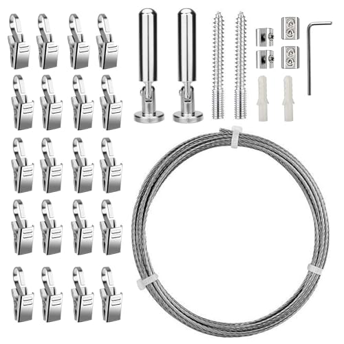 5M Wandhalterung Set mit 20 Metall Clips, Edelstahl Vorhangdraht, Vorhang Draht Seilspanngarnitur, Schwerlast Gardinenseil für Wäscheleine,Spanndraht, Foto-Draht, Fenster,Duschvorhänge,Innendekoration 5M Wandhalterung Set mit 20 Metall Clips, Edelstahl Vorhangdraht, Vorhang Draht Seilspanngarnitur, Schwerlast Gardinenseil für Wäscheleine,Spanndraht, Foto-Draht, Fenster,Duschvorhänge,Innendekoration von Qurxuanwe