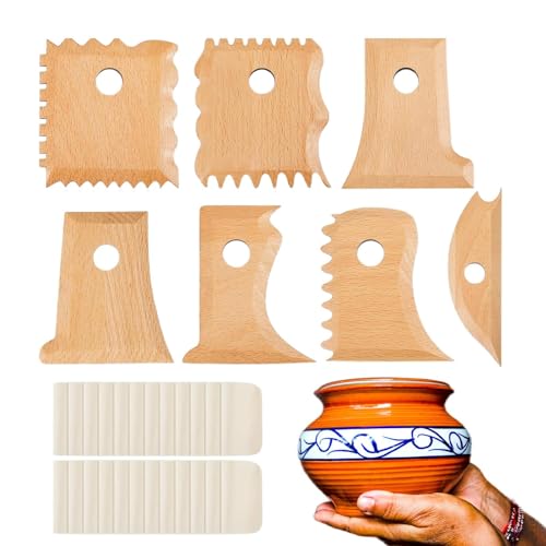 Qurygin Werkzeuge zum Beschneiden von Töpferwaren, Werkzeuge zum Formen von Töpferfüßen - 7-teiliges Keramik-Trimmwerkzeug für strukturierte Kunst mit 20 Chamois-Tüchern - Hölzerne von Qurygin