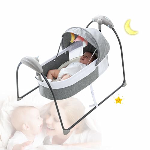 Babywiege Elektrische Babyschaukel 3-Speed Babybett Automatische Babywiege Stubenwagen Reisebett mit Bluetooth Musik & Timer für Kinder (Grau) von Qussse