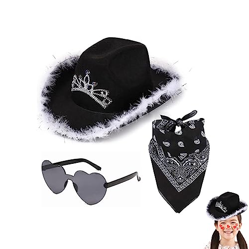 Cowboy Hut Schwarz, 3 Stück Western Kostüm Cowboy Hut Set, Leuchtende Farben Filz-Cowgirl-Hut Mit Feder-Bandana, Sonnenbrille Und Schal, Cosplay Party Halloween Karneval Kostüm Zubehör von Qutalmi