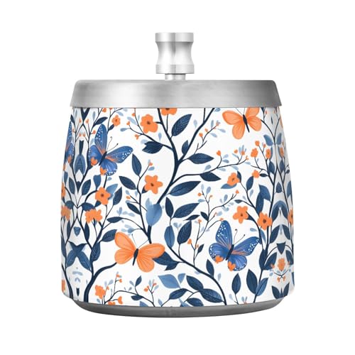 Quteprint Blue Tree Plants Flowers Butterfly Premium Stainless Steel Smokeless Ashtray for Home, Office & Outdoor - Heavy Duty Ash Tray with Removable Center Post, Lid & Quiet Base Pad (Dia 3.54'') von Quteprint