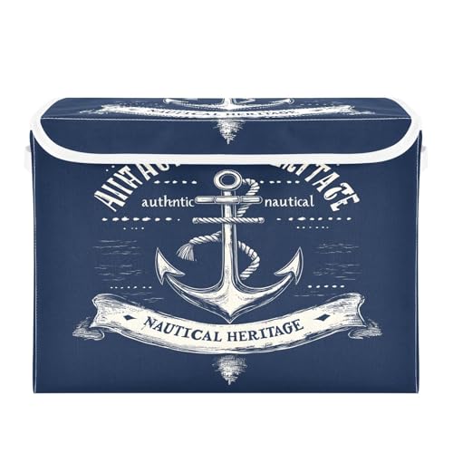 Quteprint Faltbarer Aufbewahrungskorb mit Deckel – nautischer Anker große faltbare Aufbewahrungsbox für Zuhause, Büro und Bücher, Kleidung, Spielzeug, 41,9 x 32 x 30 cm von Quteprint