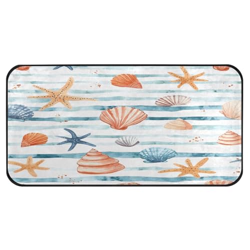 Quteprint Rutschfeste, super saugfähige Boden-Fußmatte, bunte Muscheln, Seesternstreifen, Läufer für Eingangsbereich, Flur, Küche, Innen- und Außenbereich, leicht zu reinigen, Heimdekoration, 99 x 50 von Quteprint