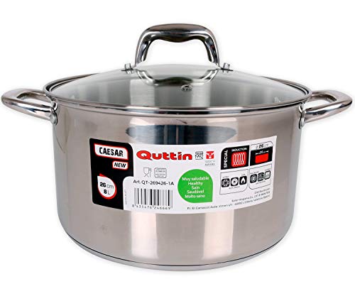 Quttin New Caesar Professioneller Kochtopf für Induktion, Küche und Backofen, mittelgroßer Kochtopf, Edelstahl, antihaftbeschichtet, Glasdeckel und Griffe, 26 cm / 5 L von Quttin