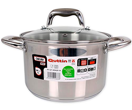 Quttin New Caesar Professioneller Kochtopf für Induktionsherde und Backofen, kleiner Kochtopf aus Edelstahl, antihaftbeschichtet, mit Glasdeckel und Griffen, 20 cm/2,5 l, geeignet für alle Arten von von Quttin