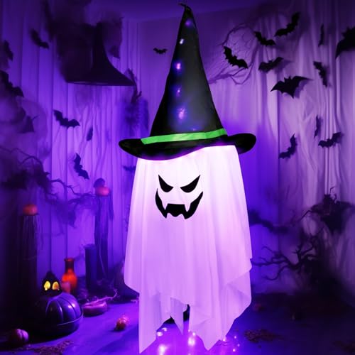 Halloween Deko Outdoor 105 cm Geist Dekoration zum Aufhängen mit 24 bunten LED-Lichtern（Batterien Enthalten）, Halloween Geist Windsack für drinnen und draußen, Garten, Party-Dekoration von Quunoot