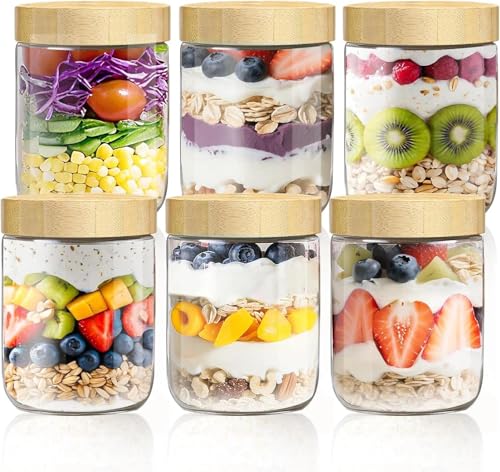 Quuylin 6 Set Overnight Oats Gläser, 480ml Luftdichte Meal Prep Gläser, Mit Holzdeckel, Multifunktional Meal Prep Glas Pudding für Marmelade, Salat, Milchshake, Mahlzeitenzubereitung von Quuylin