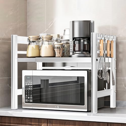 Quuylin Erweiterbares Mikrowellen Regal,2 stufiges,Stehend Mikrowellenregal,mit 6 Haken,Flexibel Ausziehbar von 40-65cm,für Arbeitsplatte,Bäckereiregale,Küchenorganizer, (Weiß) von Quuylin
