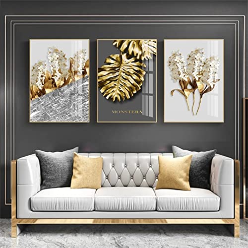 3 Packung 5D Diamant Painting Full Drill Set Goldene Abstrakte Blatt Blume 50x70cm DIY Diamond Painting Kreuz Stich Strassstein Stickerei Diamond Painting Set Decoration Geschenk für Erwachsene Kinder von Quuzee