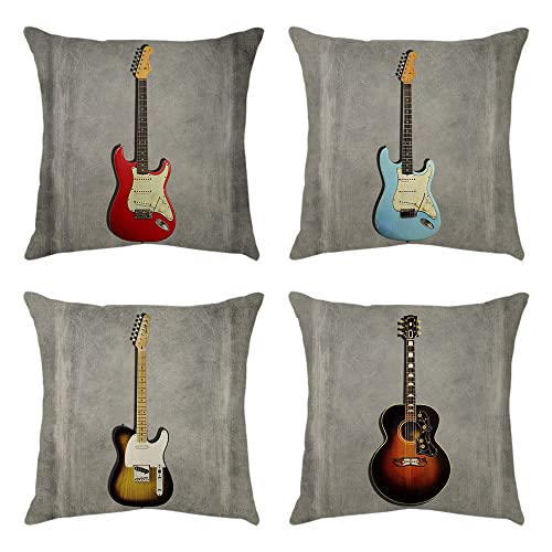 Quuzee 4 Stück Kissenbezug Kissenhülle 45X45cm Polyester Leinen Dekorativ Kissenhülle Kinder Zierkissenbezüg Deko Geschenk Sofakissen Wohnzimmer Schlafzimmer Cushion Cover Graue Gitarre （18x18 Zoll） von Quuzee