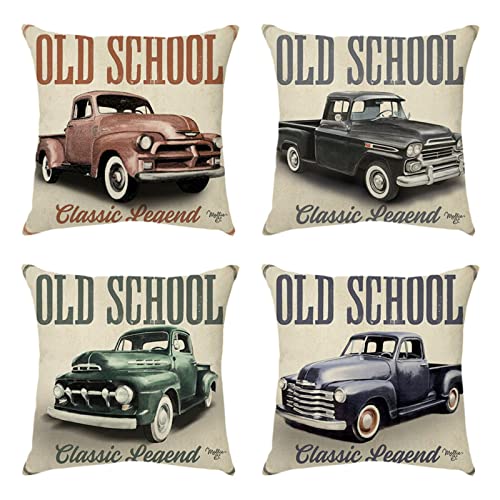 Quuzee 4 Stück Kissenbezug Kissenhülle Retro-Oldtimer Polyester Leinen Dekorativ Kissenhülle Kinder Zierkissenbezüg Deko Geschenk Sofakissen Wohnzimmer Schlafzimmer Cushion Cover 45x45cm/18x18 Inch von Quuzee