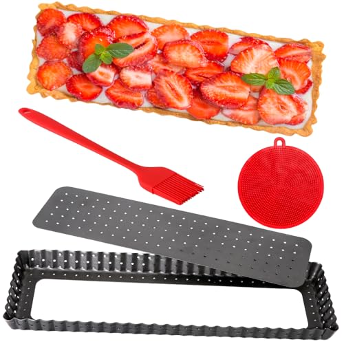 Quyimy Tarteform mit Hebeboden 35cm, 14 Zoll Rechteckige Quicheform mit Antihaftbeschichtung, Backform Rechteckig Gelochte Tarteform Obstkuchenform mit Öl-/Spülbürste von Quyimy