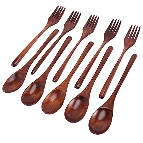 Quystetes 10-teiliges Holzlöffel-/-Set, Holzutensilien-Set, wiederverwendbar, Naturholz-Besteck-Set zum Kochen, Rühren, Essen von Quystetes