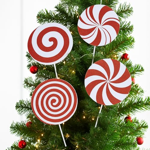 Quzzil 8 Stück 20,3 cm glitzernde rote und weiße Pfefferminz-Lutscher für Baum, Süßigkeiten, Ornamente, verschiedene Weihnachtsbaumdekorationen für Weihnachten, Dekoration, Zuhause, Büro, Urlaub von Quzzil
