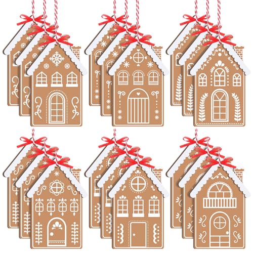 Quzzil Lebkuchenhaus-Ornamente aus Holz, zum Aufhängen, mit Schleifen, Holzanhänger für Zuhause, Weihnachtsbaum, Urlaubsdekoration, 18 Stück von Quzzil