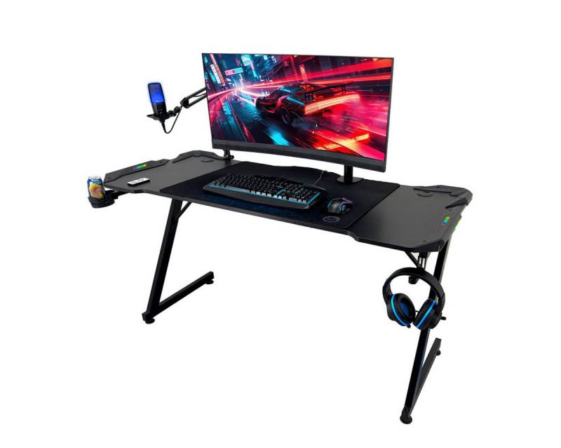 Qware Gaming Gamingtisch Akron – LED-Tisch mit Headset-Halter & Getränkehalter, 140cm von Qware Gaming