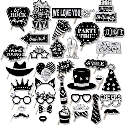 36 Teile Geburtstag Set Foto Requisiten Fotobox Accessoires mit Partyzubehör für Kinder und Erwachsene Party Inklusive Props für Photo Booth (Silber) von Qwrqwr