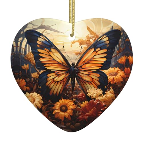 QWVBN Orange-gelber Schmetterlings-Blumen-bedruckter Weihnachts-Keramik-Herzanhänger, hängende Ornamente, geeignet als Geschenk für Freunde und Familie QWVBN Orange-gelber Schmetterlings-Blumen-bedruckter Weihnachts-Keramik-Herzanhänger, hängende Ornamente, geeignet als Geschenk für Freunde und Familie von Qwvbn