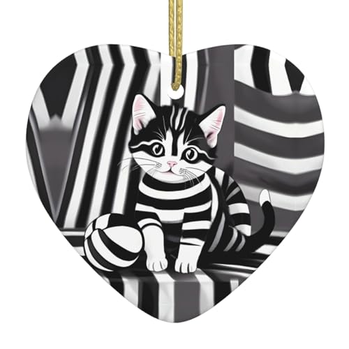 QWVBN Schwarz-weiß gestreiftes Kätzchen, bedruckter Weihnachts-Keramik-Herzanhänger, hängende Ornamente, geeignet als Geschenk für Freunde und Familie QWVBN Schwarz-weiß gestreiftes Kätzchen, bedruckter Weihnachts-Keramik-Herzanhänger, hängende Ornamente, geeignet als Geschenk für Freunde und Familie von Qwvbn