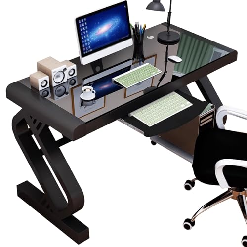 Qxdgoal Moderner Computertisch aus Glas, Home Office Schreibtisch, Ergonomischer Bürotisch, Tastaturablage (100/120 cm), Stehschreibtisch(Black+Keyboard Tray,120cm) von Qxdgoal