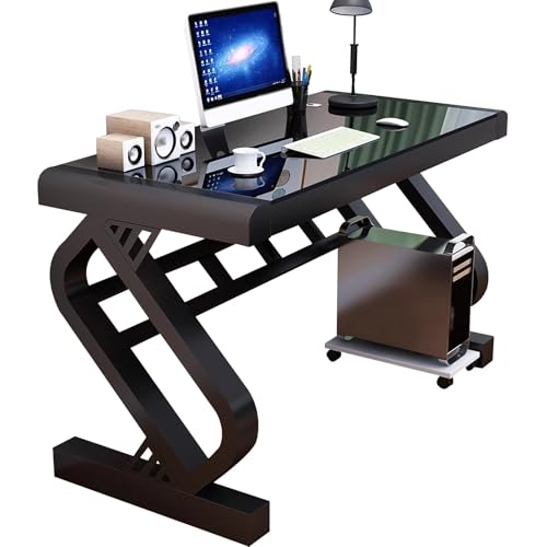 Qxdgoal Moderner Computertisch aus Glas, Home Office Schreibtisch, Ergonomischer Bürotisch, Tastaturablage (100/120 cm), Stehschreibtisch(Schwarz,100cm) von Qxdgoal