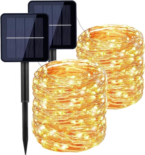 Qxmcov Solar Lichterkette Aussen, 2 Stück 22M 200 LED Solar Lichterketten Außen Kupferdraht 8 Modi Timer IP65 Wetterfest für Garten Balkon Terrasse Hochzeit Party Innen Außen Dekorationen Warmweiß von Qxmcov