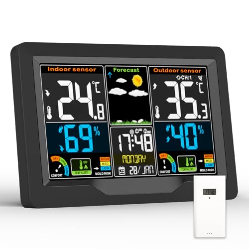 Wetterstation Funk mit Außensensor, Multifunktionale Wetterstation Funk Digital Thermometer Hygrometer Außen Innen Raumthermometer Hydrometer für Haus Büro mit Wettervorhersage, DCF Funkuhr von Qxmcov