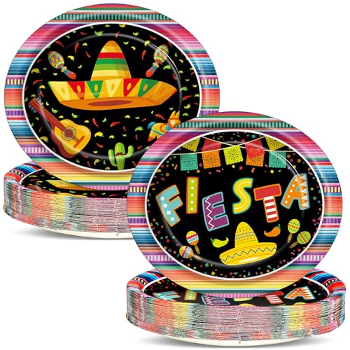 Qyeahkj 50 Stück mexikanische Fiesta ovale Pappteller, groß, 27,9 cm, Einweg-Pappteller, Cinco de Mayo, Party-Dekorationen, Fiesta, Geburtstagszubehör, Gastgeschenk für mexikanische von Qyeahkj