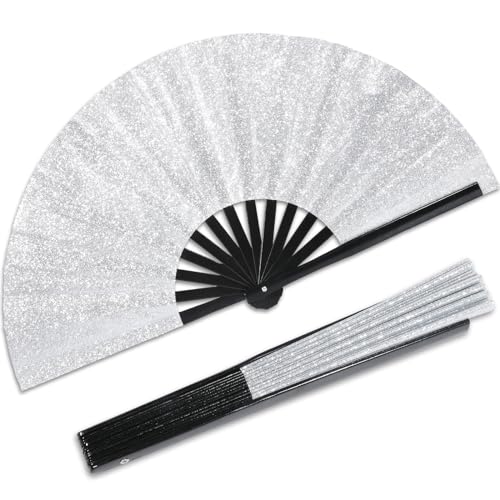 Qyeahkj Glitzernder, silberfarbener Handfächer für Männer und Frauen, großer faltbarer Handfächer, Rave Clack, Handventilator, chinesischer Tai Chi Kung Fu-Fan, faltbarer Stofffächer, dekorativer von Qyeahkj