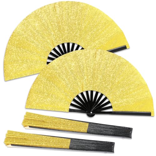 Qyeahkj Handfächer mit Glitzer, groß, goldfarben, zusammenklappbar, Rave Clack, Handfächer, Stoff, faltbar, dekorativ, chinesische Tai Chi, Kung Fu-Fans für EDM, Club, Party, Tanzaufführung, für von Qyeahkj