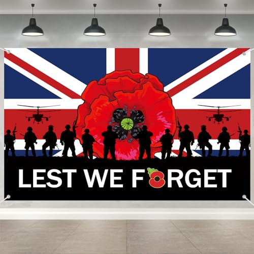 Gedenkbanner mit der Aufschrift "Lest We Forget", extra groß, 180 x 110 cm, Mohnblumentag, mit Soldaten-Silhouette, strapazierfähiges Polyester für Innen- und Außenbereich, Gedenkdekoration Gedenkbanner mit der Aufschrift "Lest We Forget", extra groß, 180 x 110 cm, Mohnblumentag, mit Soldaten-Silhouette, strapazierfähiges Polyester für Innen- und Außenbereich, Gedenkdekoration von Qylazune