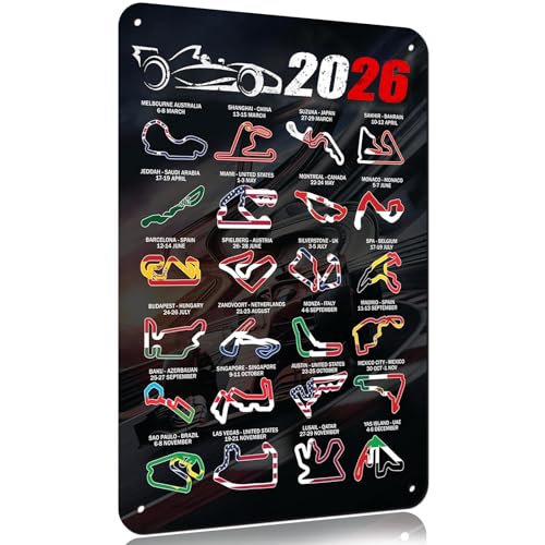 Grand Prix Circuit F1 Gifts Metallschilder, Vintage-Wandkunst, F1-Poster, Geschenk, schwarz, 2026 für Formel-1-Fans, Geschenke für Männerhöhle, Zuhause, Männer, Garagen, Büros und Spielzimmer, Flagge von Qylazune