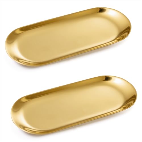 Schmucktablett Ovale Tablett Edelstahl Edelstahl Dekoratives Tablett für Kosmetik Schlüssel Schmuck Kerzentablett Ablageschale, Gold 2 Stück von Qzakce