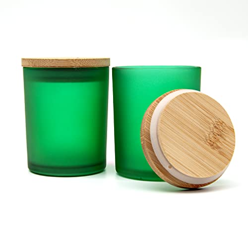 R FLORY 7 + 7 OZ Glas-Gläser 2 Stück dicke Glas-Kerzengläser mit Bambusdeckel Badezimmer-Behälter Waschtisch-Wattestäbchen-Aufbewahrung (mattgrün) von R FLORY