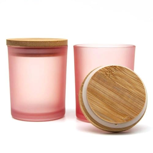 R FLORY 7 + 7 OZ Glas-Gläser 2 Stück dicke Glas-Kerzengläser mit Bambusdeckel Badezimmer-Behälter Waschtisch-Wattestäbchen-Aufbewahrung (mattrosa) von R FLORY