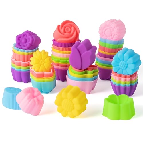 R HORSE 60 Stück Silikon Cupcake Form Multi Blume Form Mini Backförmchen Antihaft Cupcake Wrapper Halter Waschbar Kuchen Tassen Liner Form für Pfanne Ofen Mikrowelle Spülmaschine von R HORSE