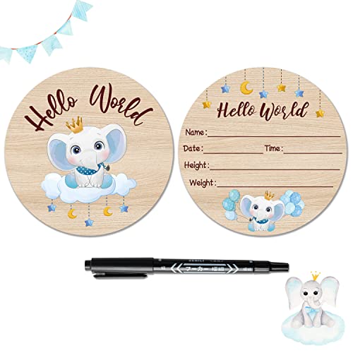 R HORSE Baby Ankündigung Schild mit Marker Stift doppelseitigen blauen Elefanten Muster Meilenstein Karten für Baby Holz hölzerne Neugeborenes Baby Geburt Zeichen für Baby-Dusche Geburtstag Geschenk von R HORSE