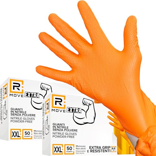 RMOVE 50+50 Nitrilhandschuhe Diamond 8,5 gr. +140% Stärke gegenüber 3,5 g Anti-Rutsch-Handschuhe, Grip auf der gesamten Handfläche für perfekten Griff, rutschfeste Arbeitshandschuhe (XXL (11), Orange) von R MOVE