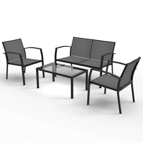 RANSENERS 4-Teilig Premium Gartenmöbelset mit Metallrahmen und Polyrattan Sitzfläche für Garten Terrasse und Balkon (Grau) von R RANSENERS