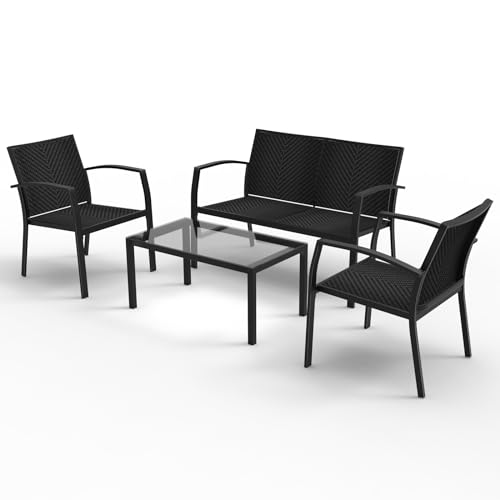 RANSENERS 4-Teilig Premium Gartenmöbelset mit Metallrahmen und Polyrattan Sitzfläche für Garten Terrasse und Balkon (Schwarz) von R RANSENERS
