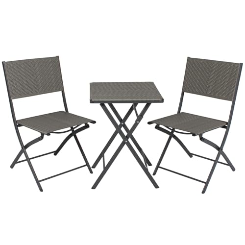 RANSENERS Bistroset Balkonset 3tlg-Set mit 2 Klappbaren Stühlen und Tisch - Hergestellt aus Hochwertigem Metallrahmen und Polyrattan (Grau) von R RANSENERS