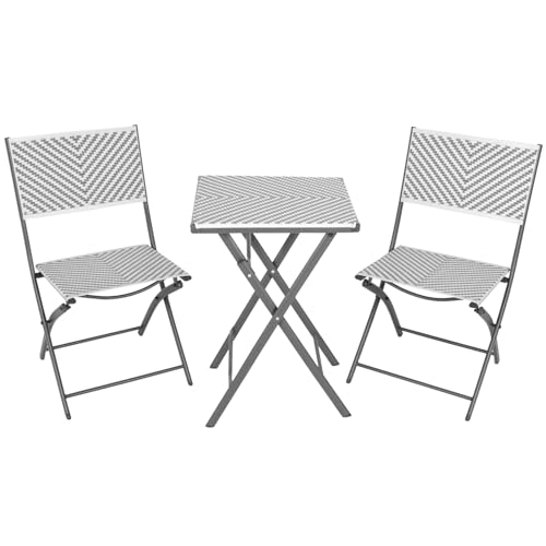 RANSENERS Bistroset Balkonset 3tlg-Set mit 2 Klappbaren Stühlen und Tisch - Hergestellt aus Hochwertigem Metallrahmen und Polyrattan (Weiß) von R RANSENERS