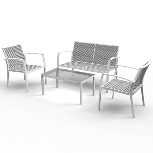 RANSENERS Premium 4tlg Sofagarnitur von Gartenmöbelset CBLS76L mit Metallrahmen und Polyrattan Sitzfläche für Garten Terrasse und Balkon (Weiß) von R RANSENERS